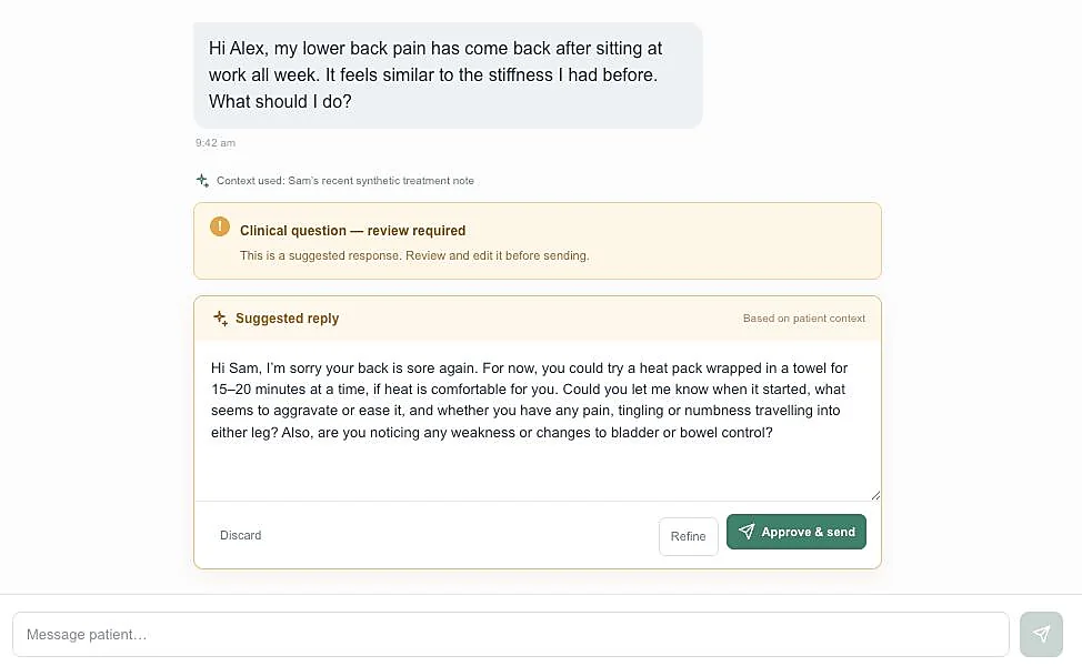 The suggested reply in full, with discard, refine, and approve and send controls beneath it. Sample data.