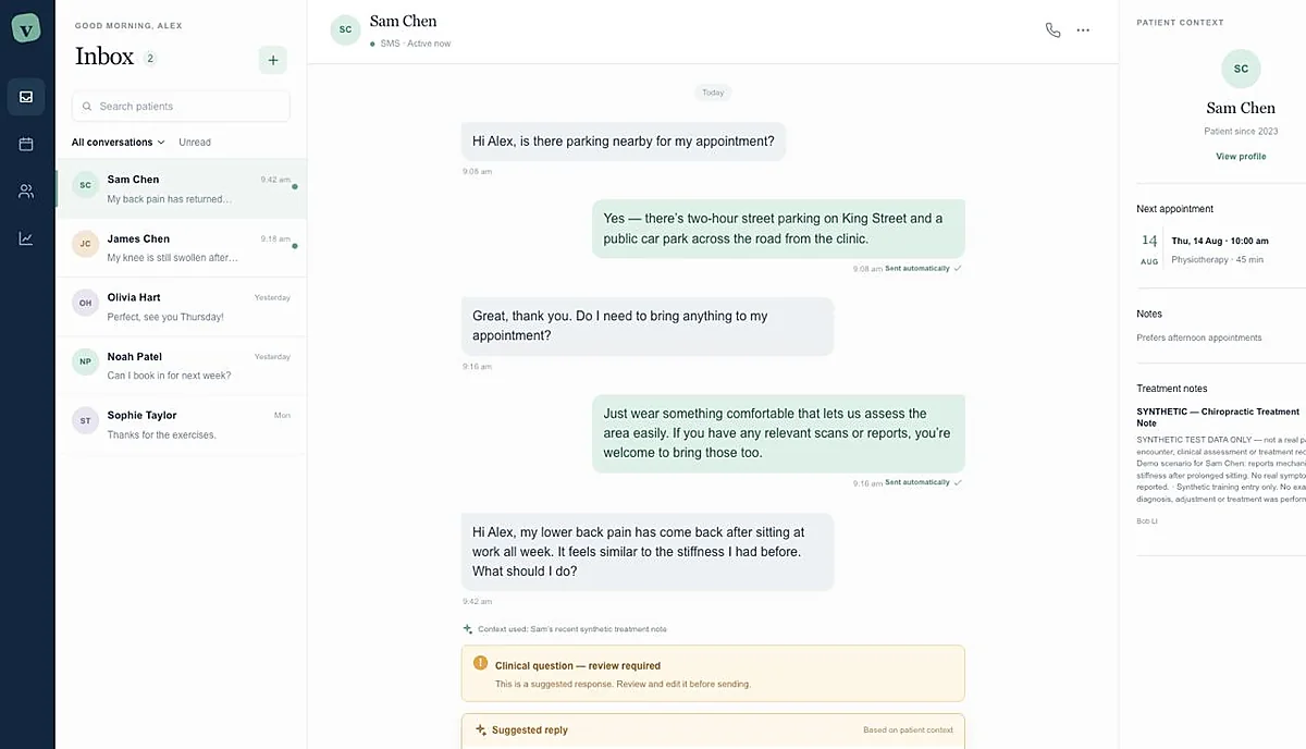 The same thread after a patient describes returning back pain, with the reply held back and marked as a clinical question requiring review. Sample data.