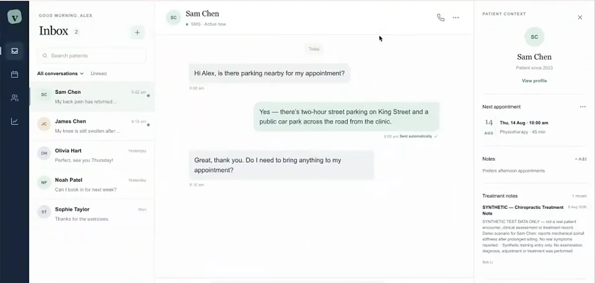 Patient conversations listed in an inbox, with the open thread in the middle and the patient's treatment context beside it. Sample data.
