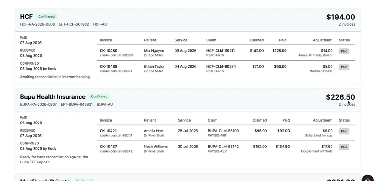 Remittances from each insurer matched back to the invoices and sessions they cover. Sample data.
