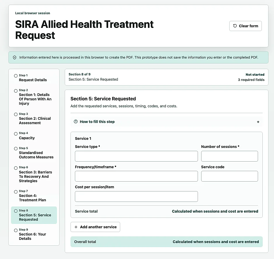 The treatment request tool, stepping through the sections of the form and totalling the services requested. Sample data.